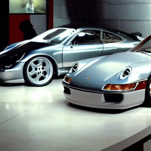 Prompt: Porsche 911 Concept car, 1996 tv ad footage