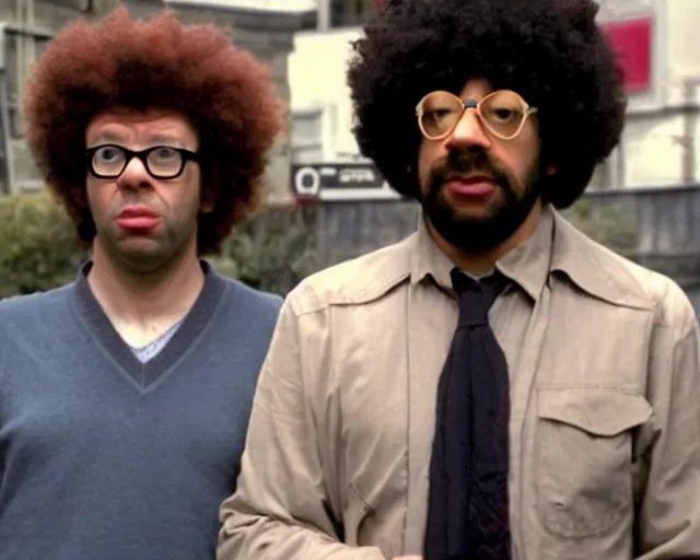 Prompt: richard ayoade as moss and chris o'dowd as roy in the it crowd ( 2 0 0 6 ), channel 4, episode still, 4 8 0 p