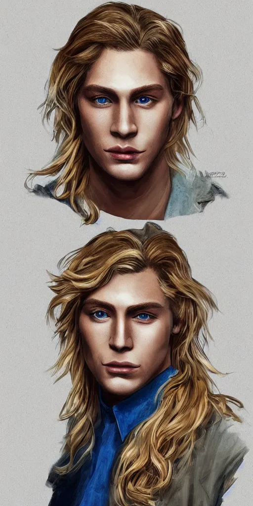 Image similar to portrait of a handsome gorgeous male satanic dirty blonde haired hippie that looks like cody fern with a straw jawline with long hair and blue eyes as the human prince of satan and lucifer, artstation