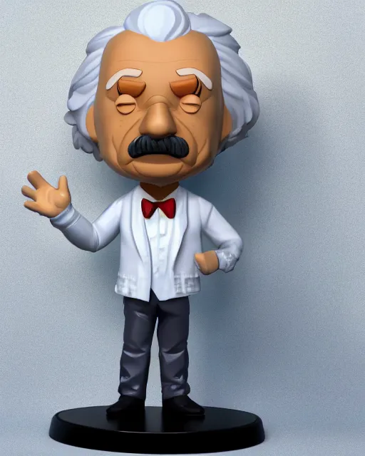 Image similar to full body 3 d render of albert einstein as a funko pop!, four, studio lighting, white background, single body, t pose, no shadow, blender, trending on artstation, 8 k, highly detailed