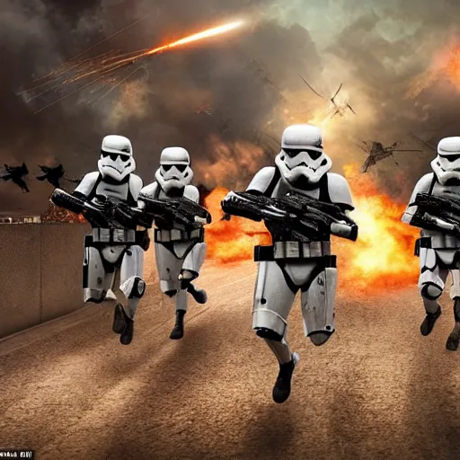 Prompt: hyper realism, realistic apocalyptic war scene, explosions, science - fiction soldiers running with armour like stormtroopers in the middle of explosions and bullets, view from far away,