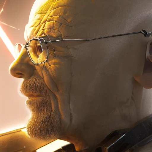 Image similar to Walter White firing lasers from his cybernetic battle armor, highly detailed, centered, concept art, 8k octane render