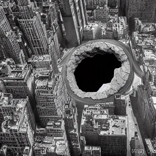 Image similar to a photograph of on Ancient otherworldly beings coming from under the earth and creating sink holes in new york city. Giant Ney York city sink hole engulfs entire city, City collapses in Sink Hole. crazy. wild. insane. realistic. satanic. dark. gloom. crazy. wow. imagine that. can you imagine that?. thank you. realistic. real. photography. photograph. historic photograph. 8k