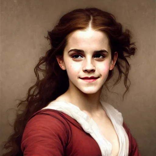 Image similar to Painting of Emma Watson as Hermione Granger. Smiling. Happy. Cheerful. Art by william adolphe bouguereau. Extremely detailed. Beautiful. 4K. Award winning.