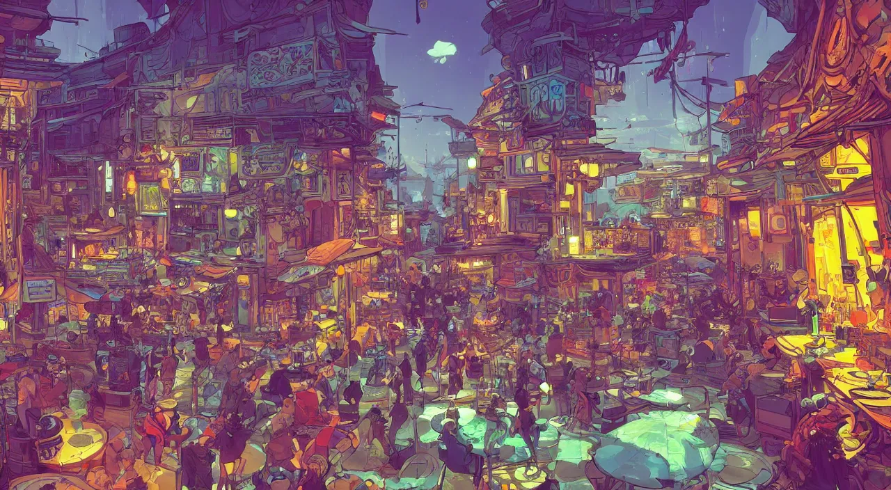 Image similar to bazaar zouk oriantal full color sky shine place mosquet painting stylized digital illustration video game icon global illumination ray tracing that looks like it is from borderlands and by feng zhu and loish and laurie greasley, victo ngai, andreas rocha, john harris