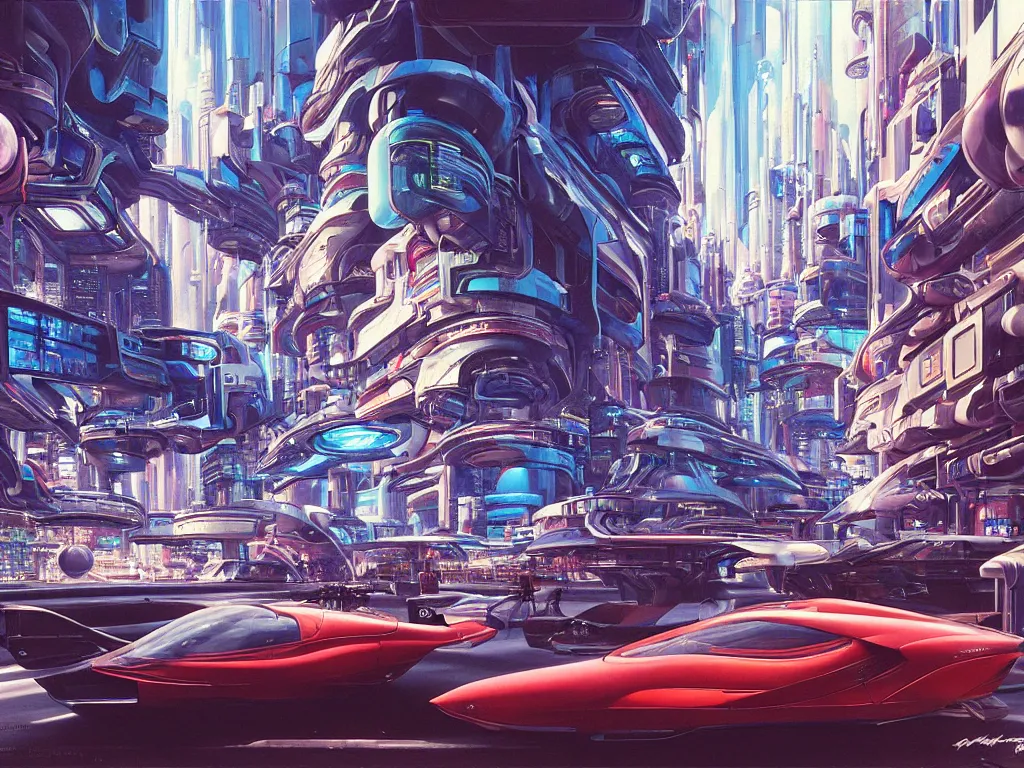 Prompt: hyperrealistic painting of a slice of life from a futuristic city, mechanical designs, futuristic vehicles, hovercrafts, technological, cinematic, cyberpunk style, highly detailed, realism, intricate, photorealistic, acrylic on canvas, 8 k resolution, concept art, by noriyoshi ohrai, moebius, george luks