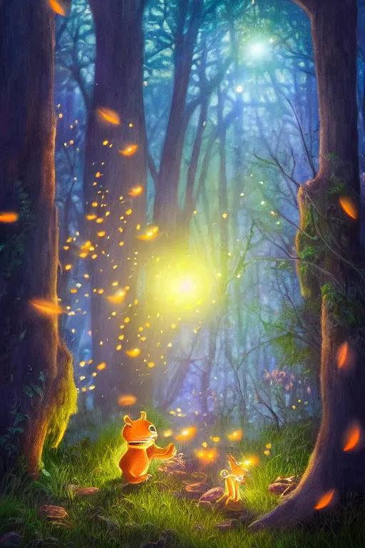 Image similar to Cute fireflies in a magical forest, oil canvas art by Basia tran fader, Katie Risor, Sandie Sonke and Maurice Sendak, 8k, ultra realistic , lens flare, atmosphere, glow, detailed,intricate, full of colour, cinematic lighting, trending on artstation, 4k, hyperrealistic, focused, extreme details,unreal engine 5, cinematic, masterpiece