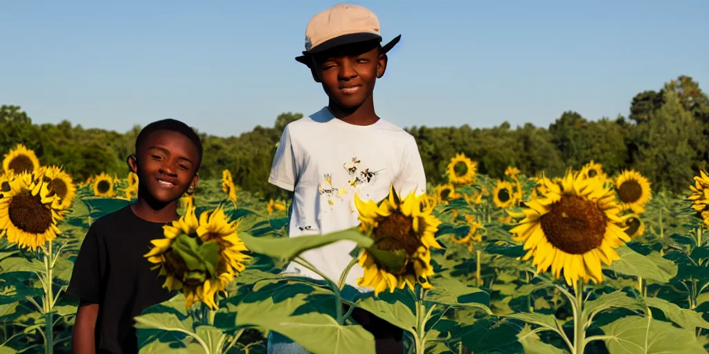 Image similar to a black boy with white t - shirt and green jeans and a green cap standing in a sunflower field with bees flying around him while sun is setting in the background, professional photography