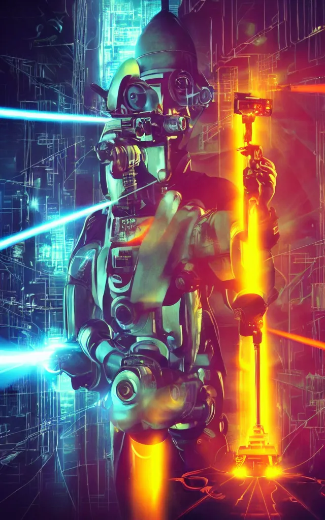 Image similar to Pope shooting bright lasers in front of robotic nuns, 80s, science fiction, cyberpunk, neon, low angle shot, cross, pope, movie poster, futuristic