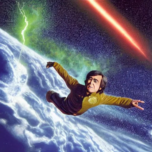 Image similar to Carl Sagan riding a meteor in high speed across the universe.