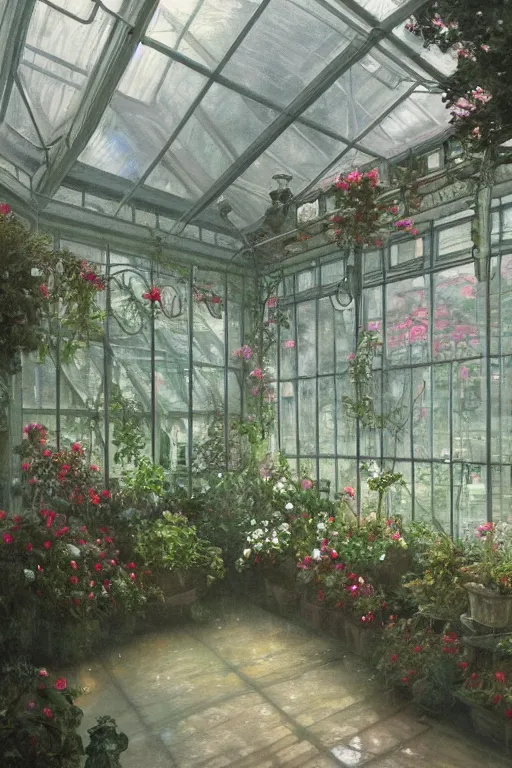 Image similar to a beautiful painting of a greenhouse, beside the window, rainy, downpour, gloomy and depressed, dark, low saturation, rococo, by krenz cushart and mucha and monet, trending on artstation.