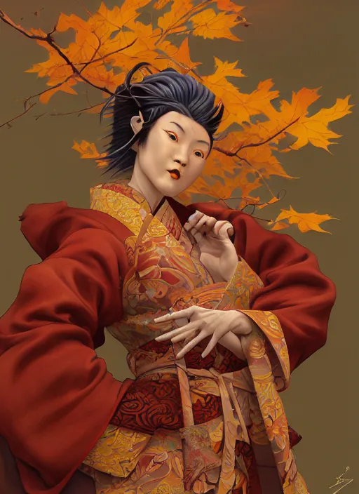 Image similar to tengu in autumn color kimono with art nouveau swirls, subsurface scattering, by jesper ejsing, justin gerard, tomasz alen kopera, cgsociety and fenghua zhong, highly detailed, rim light, cinematic lighting, illustration, art, octane render, very coherent, cinematic, hyper realism, high detail, octane render, 8 k