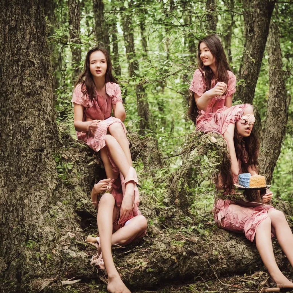 Prompt: a girl sitting in a forest, girl eating a piece of cake, sunny day, windy day, girl with clear beautiful face