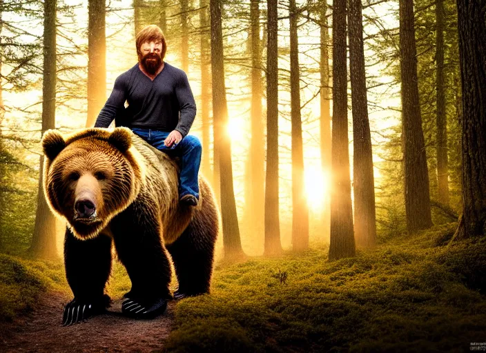 Image similar to portrait photo of chuck norris riding his fluffy grizzly bear, in the forest at dawn. fantasy magic style. highly detailed 8 k. intricate. lifelike. soft light. sony a 7 r iv 5 5 mm. award winning photography.