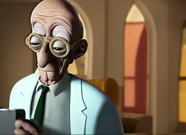 Image similar to film still of real life professor farnsworth in the futurama scifi movie, 4 k