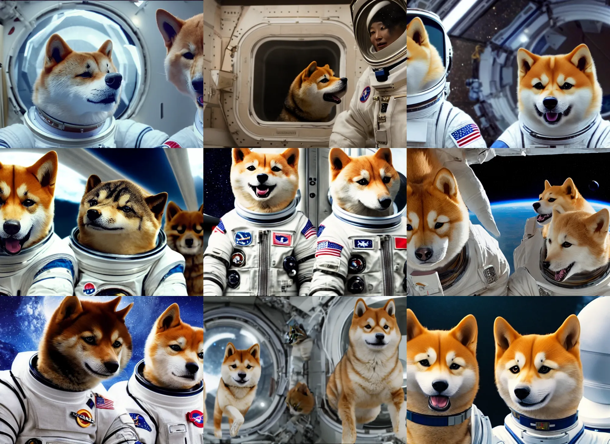 Prompt: film still of anthropomorphic anthropomorphic shiba and anthropomorphic anthropomorphic cat as astronauts in interstellar, 4 k