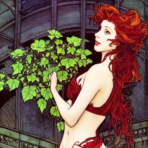 Image similar to a beautiful painting of poison ivy dressed as a lawyer in the big city, dark eyeliner, intricate, elegant, highly detailed, digital painting, artstation, concept art, matte, sharp focus, illustration, art by rebecca guay and by arthur rackham and by alphonse mucha and by john william waterhouse