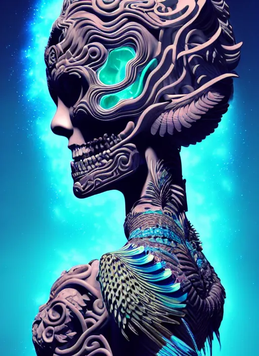 Image similar to 3 d goddess with tattoos profile portrait, sigma 5 0 0 mm f / 5. beautiful intricate highly detailed quetzalcoatl skull and feathers. bioluminescent, plasma, lava, ice, water, wind, creature, thunderstorm! artwork by tooth wu and wlop and beeple and greg rutkowski, 8 k trending on artstation,