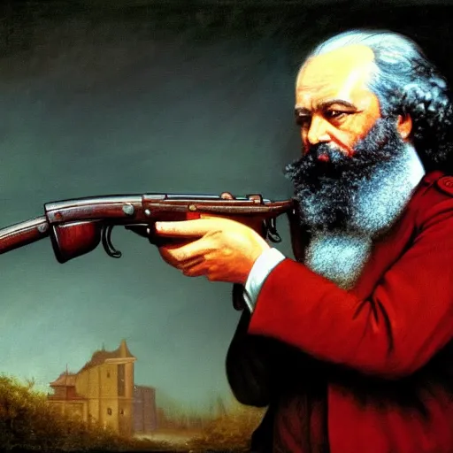 Prompt: karl marx firing an ak47, oil on canvas, very detailed