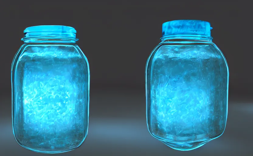 Prompt: a jar with bright cyan blue liquid in it, glowing, high detail, unreal engine