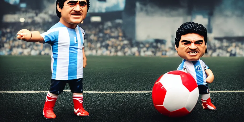 Image similar to funko of maradona with big head, argentina t - shirt, smile, no beard, stand with a ball under his left foot, max resolution, high contrast, cinematic, light cinematic, volumetric, realistic, cinematic lighting, octane render, hyper realistic