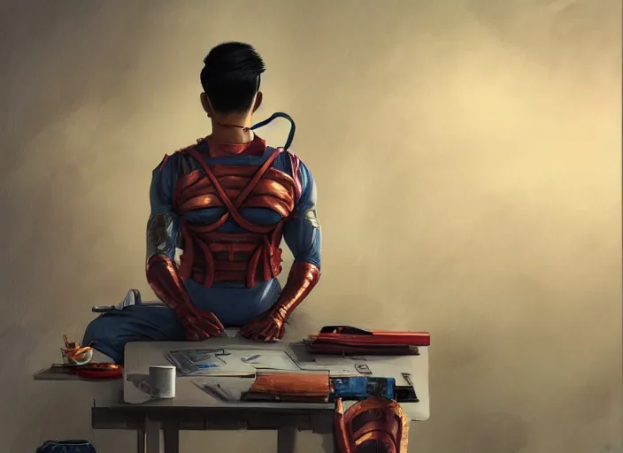 Image similar to an insanely detailed painting of an asian man wearing a homemade superhero costume, sitting at a desk, staring seriously at the computer and typing, in the style of peter mohrbacher, james jean, artgerm, dramatic lighting and composition, surreal background, octane render, pixar, trending on artstation, concept art, comic book, view from behind, 8 k