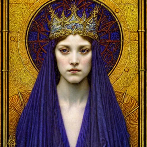 Image similar to detailed realistic beautiful young medieval queen portrait by jean delville, art nouveau, symbolist, visionary, gothic