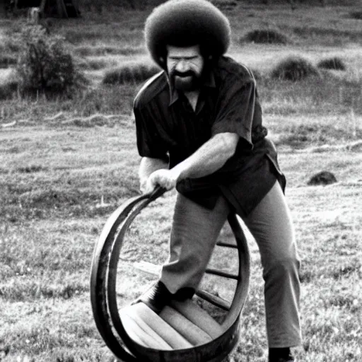 Image similar to bob ross rolling a metal barrel in the vietnam war