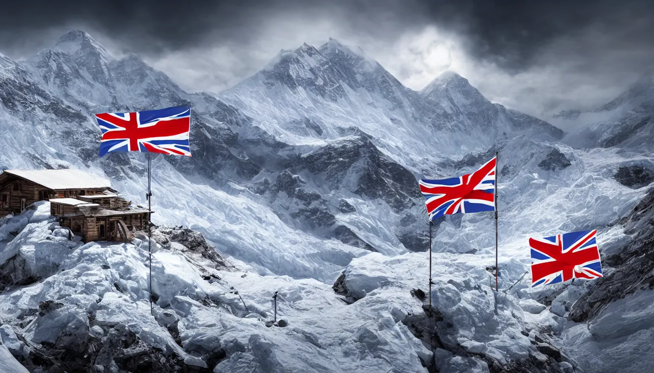 Prompt: a mountain hut on top of Mount Everest with an English flag, covered in snow, raging blizzard, grey clouds, stunning photo, cinematic lighting, perfect, 8K, ultra-detailed , Trending on artstation, Octane render, Unreal Engine, highly detailed,
