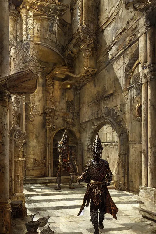 Prompt: an biomechanical palace guard walking through the byzantine courtyard by anders zorn, wonderful, mandelbulb 3 d buildings, fractal designs, dynamic, masterpiece by greg rutkowski, hyperrealism, beautiful cinematic light, by greg manchess, jessica rossier