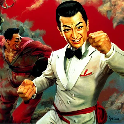 Image similar to ultra realistic pee wee herman as ryu from street fighter, painting by frank frazetta, 4 k, ultra realistic, highly detailed,