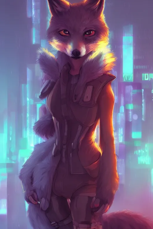 Image similar to a fox fursona, trending on artstation, by kawacy, furry art, digital art, cyberpunk, high quality, backlighting