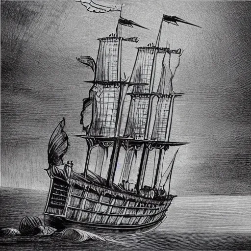 Image similar to da vinci drawing of the flying dutchman pirate ship ultra detailed 4k