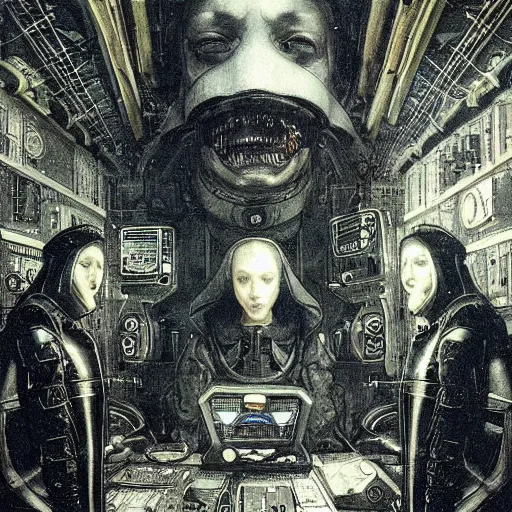 Prompt: cyberpunk hacker surrounded by computers and machines, wires, data, by emil melmoth h r giger brian froud gustave dore albrecht durer hieronymus bosch greg rutkowski