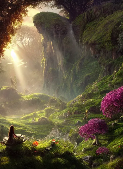 Image similar to an elegant winged fairy in the lord of the rings scenery landscape, looking out at a vast lush valley flowers and homes made of mushrooms, stream, sunrise, god's rays highly detailed, vivid color, cinematic lighting, perfect composition, 8 k, gustave dore, derek zabrocki, greg rutkowski, belsinski, octane render