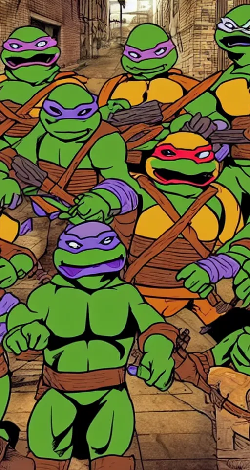 Image similar to the ninja turtles are smoking crack together in a dark alleyway