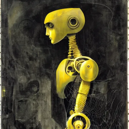Image similar to a robot kerberos in yellow noir without memory nor feelings, althoughbhe believes he is a god, oil on canvas by dave mckean and james jean