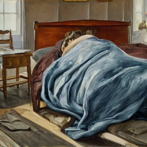 Image similar to lucian freud painting of ema stone on a victorian bed in a big old room, wide shot