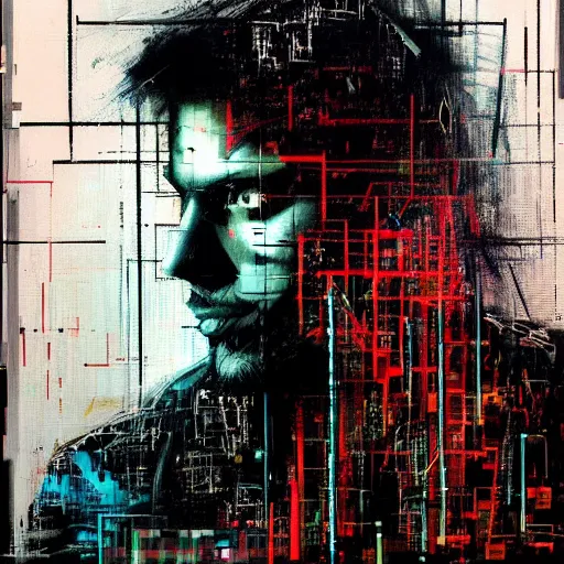 Image similar to hyperrealistic portrait of a cyberpunk hacker, digital ui, abstract blocks, by Guy Denning, Russ Mills, glitch art, hacking effects, glitch effects, digital tech effects, chromatic, color blocking!, oil on canvas, concept art, abstract