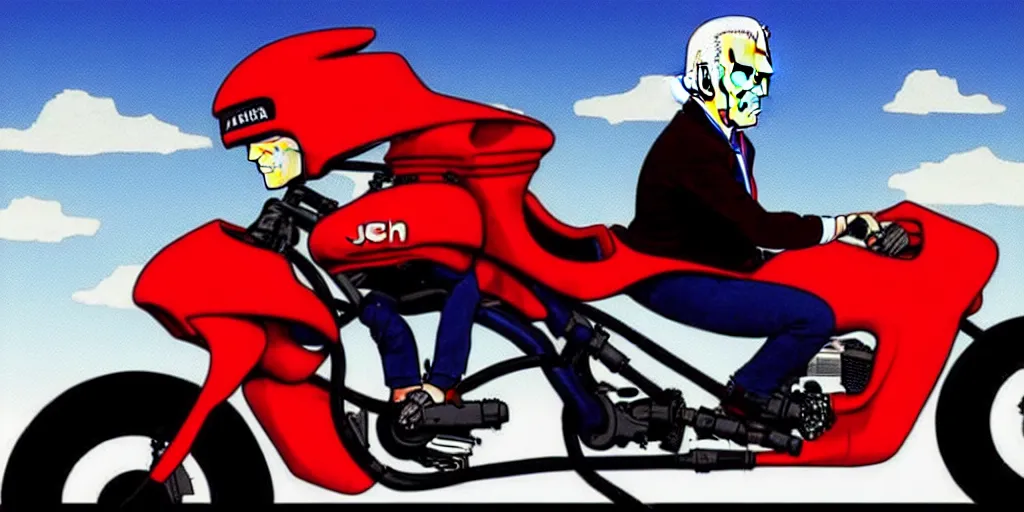 Image similar to 1 : 1 joe biden riding red akira motorcycle, in the style of akira