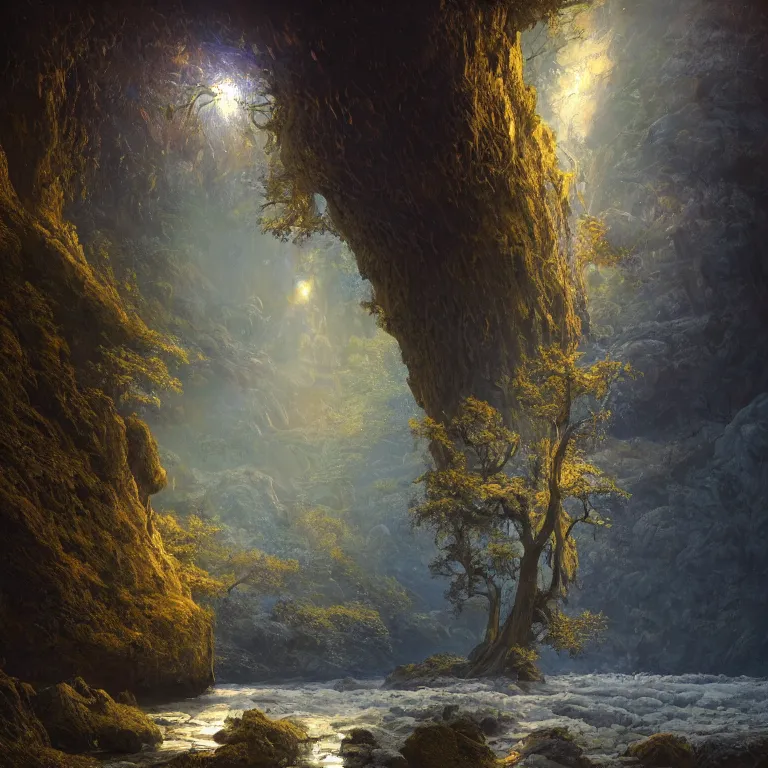 Image similar to A beautiful, highly detailed, very realistic oil painting of a single tree with rainbow leaves, next to a small river, glowing bright blue in the middle of a huge, very dark cave, with lots of dark grey rocks, oil painting by Greg Rutkowski, golden color scheme.