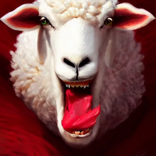 Image similar to A sheep with red whool and pointy Vampire teeth by Stanley Artgerm Lau, WLOP, Rossdraws, James Jean, Andrei Riabovitchev, Marc Simonetti, and Sakimichan, trending on artstation