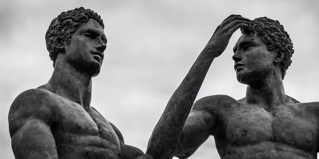 Image similar to A photograph of a large statue of a male athlete holding his head high and his hands wide, symbolizing humanity, ambition and determination, photo taken from a distance so that the full statue is visible, high resolution image taken with a DSLR camera