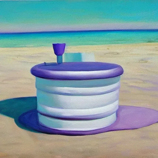 Prompt: an oil painting of a giant white styrofoam cup on the beach, the beach has purple water, surrealism