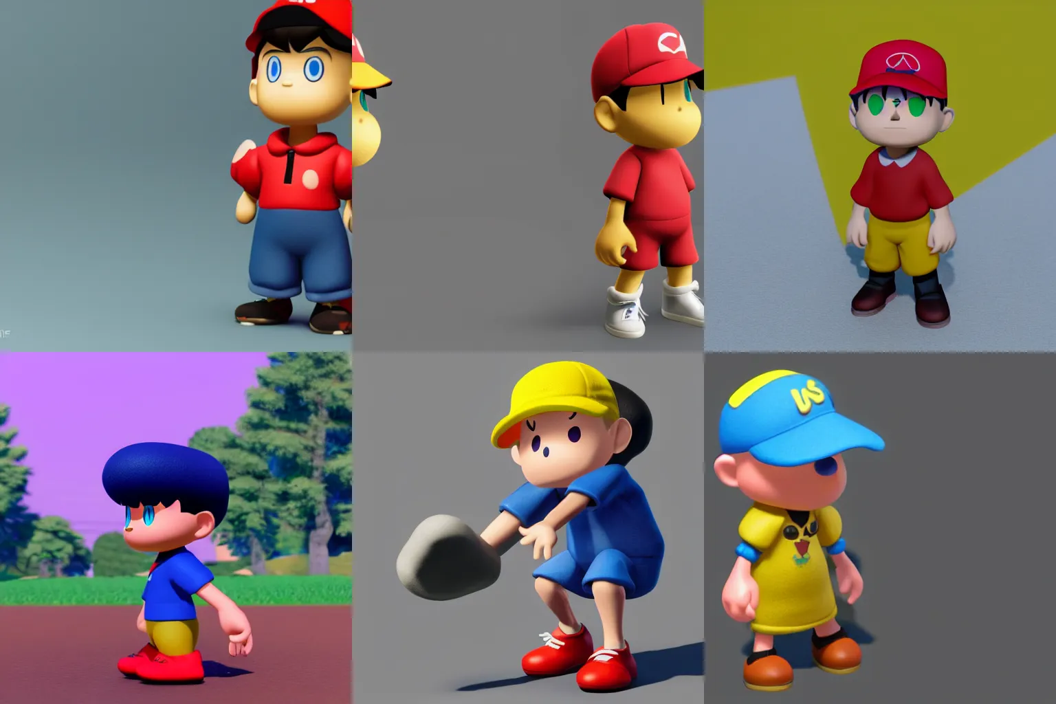 Prompt: Ness from Earthbound character model, stylized, artstation, by Disney Pixar, acescg colorspace, cycles render 4k