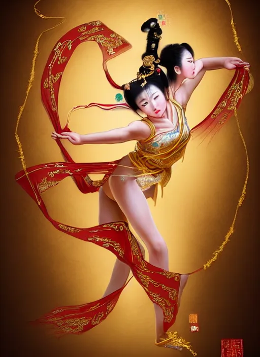 Prompt: full body portrait of a dancer doing a chinese ribbon dance, feet, barefoot, full body, vivacious, extremely beautiful, elaborate gold jewelry, hanfu, chinese ribbon dance, aerial silk, flying silk, ming dynasty, detailed, realistic face, anatomically accurate, fantasy art, in the style of ghostblade, wlop.