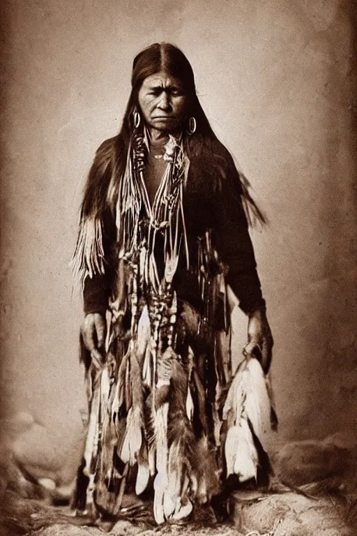 Image similar to “Photo of Native American indian woman, portrait, skilled warrior of the Chiricahua Apache, Lozen was the sister of Victorio a prominent Chief, showing pain and sadness on her face, ancient, realistic, detailed”