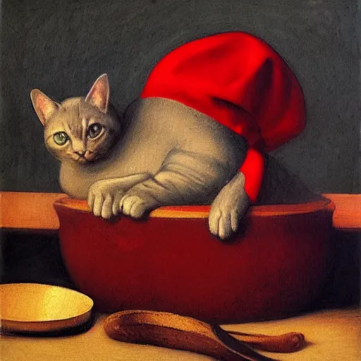 Image similar to the cat in small red hat cooks soup, drawn by Leonardo Da Vinci, oil painting, trending in Artstation, artstationHD, 4k