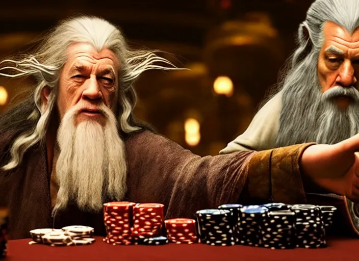 Image similar to film still of gandalf gambling in a casino in new lord of the rings movie, 8 k