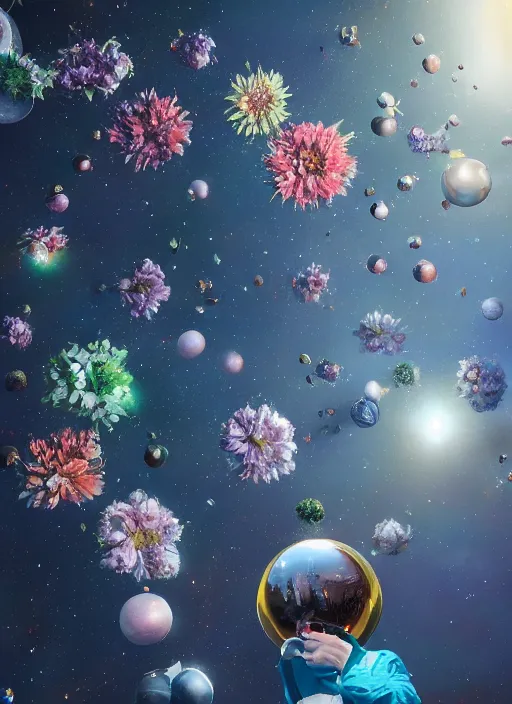 Image similar to An epic fantastic realism comic book style painting of the most beautiful flowers launched into space, perfect shiny silver iridescent spheres, bouquets, fisheye lens, unreal 5, DAZ, hyperrealistic, octane render, dynamic lighting